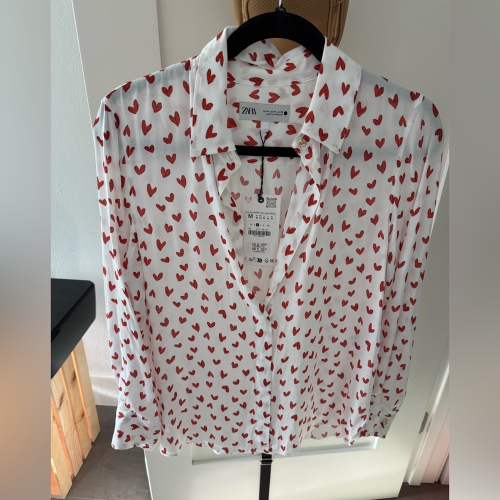 ZARA button down shirt with red hearts